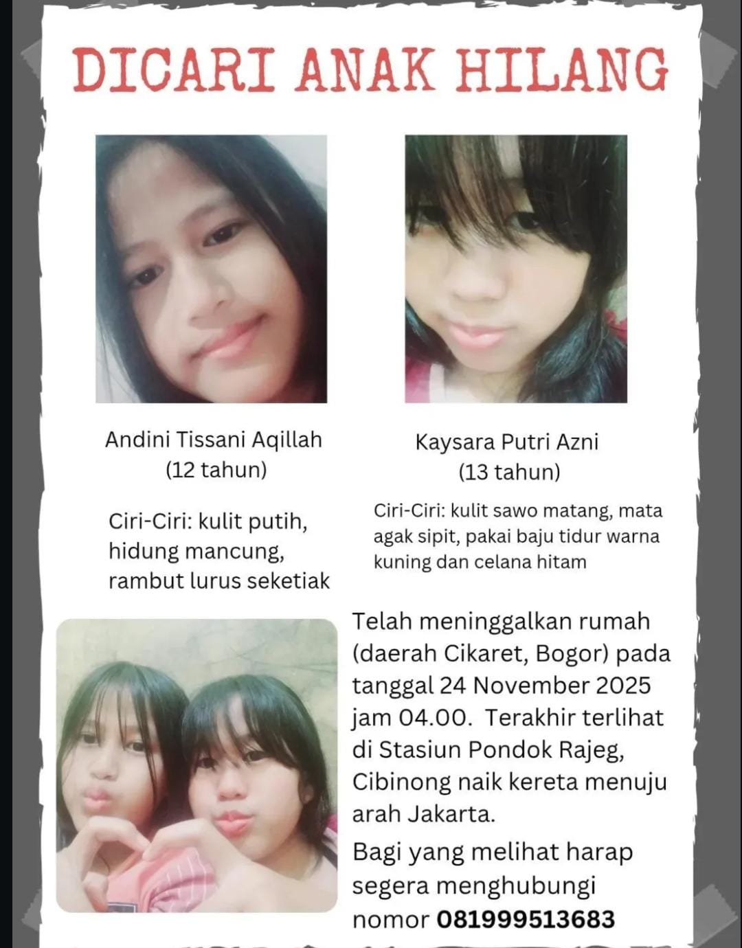 Polisi Bilang Kakak Adik Perempuan Asal Cibinong yang Sempat Hilang Sudah Ditemukan