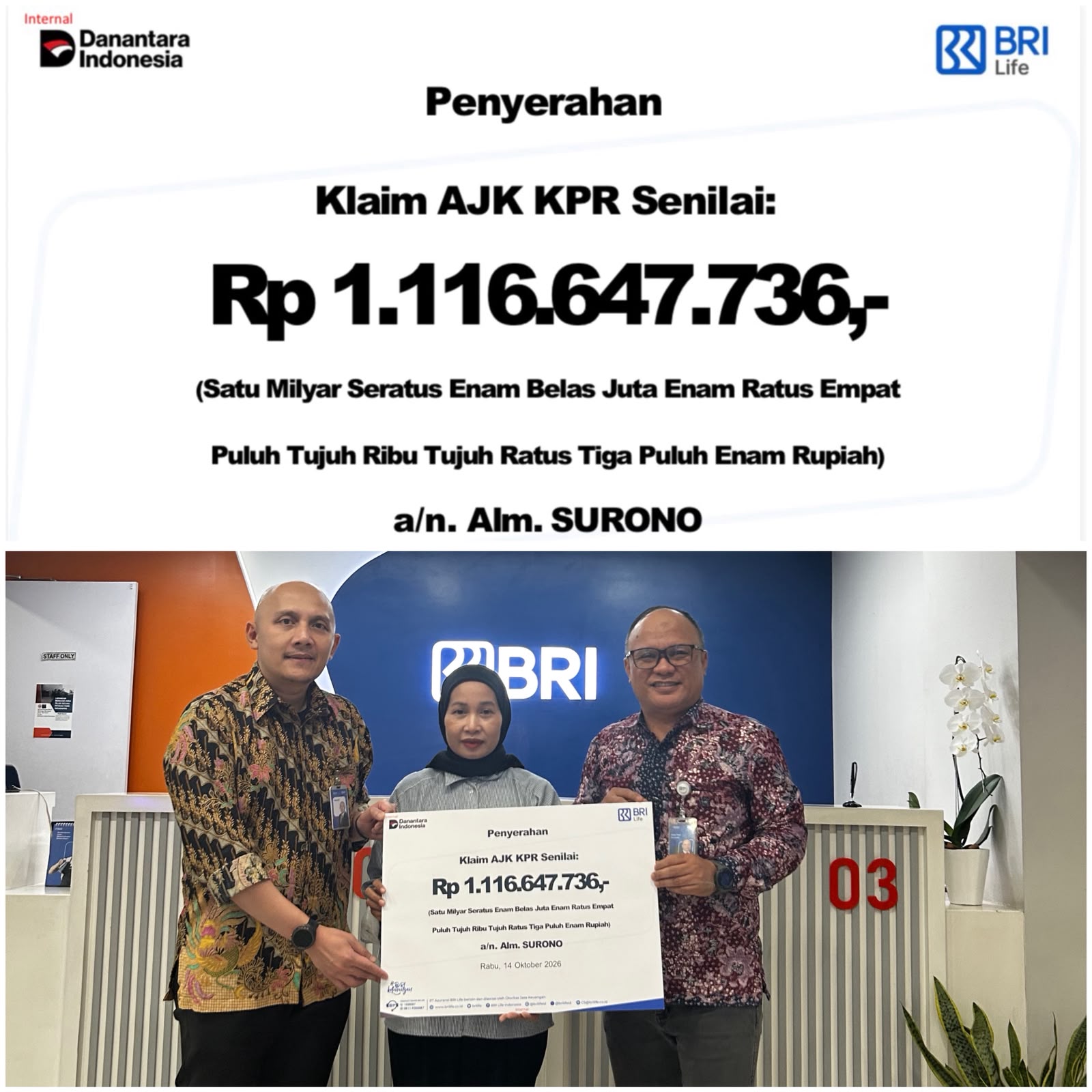 BRI Life melalui BRI Soekarno Hatta Serahkan Klaim AJK KPR Rp1,11 Miliar