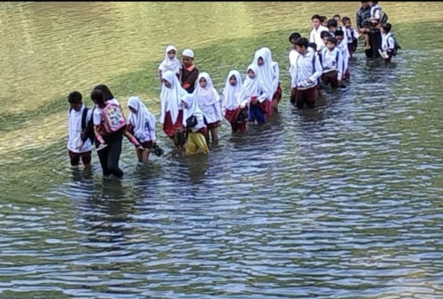 Miris, Puluhan Anak SD Bertaruh Nyawa Menyeberangi Sungai untuk ke Sekolah